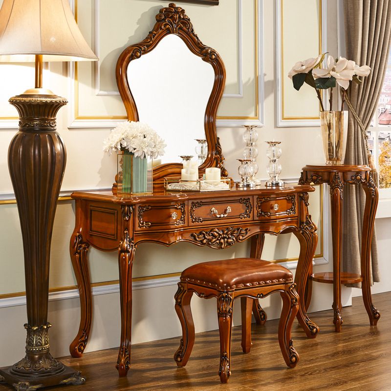 17.71 "Ensemble de vanité marron de large avec des tables de vanité en bois miroir avec 3 tiroirs de rangement