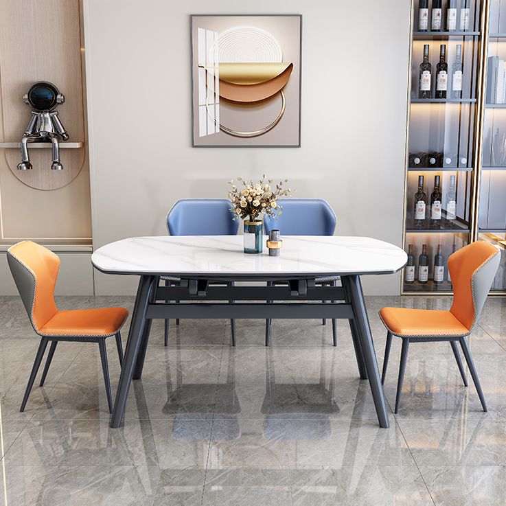 Mesa de comedor moderna de piedra blanca extensible con 4 patas de madera de goma negra