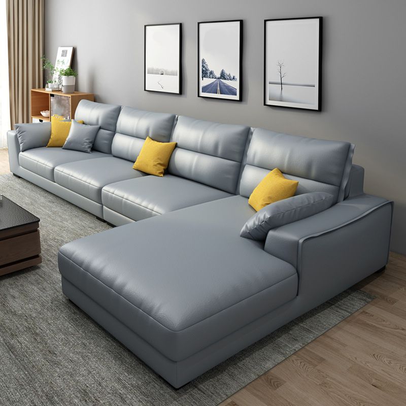 Faux Leather Sectional with 4 Pillows Back and Square Arm for Living Room