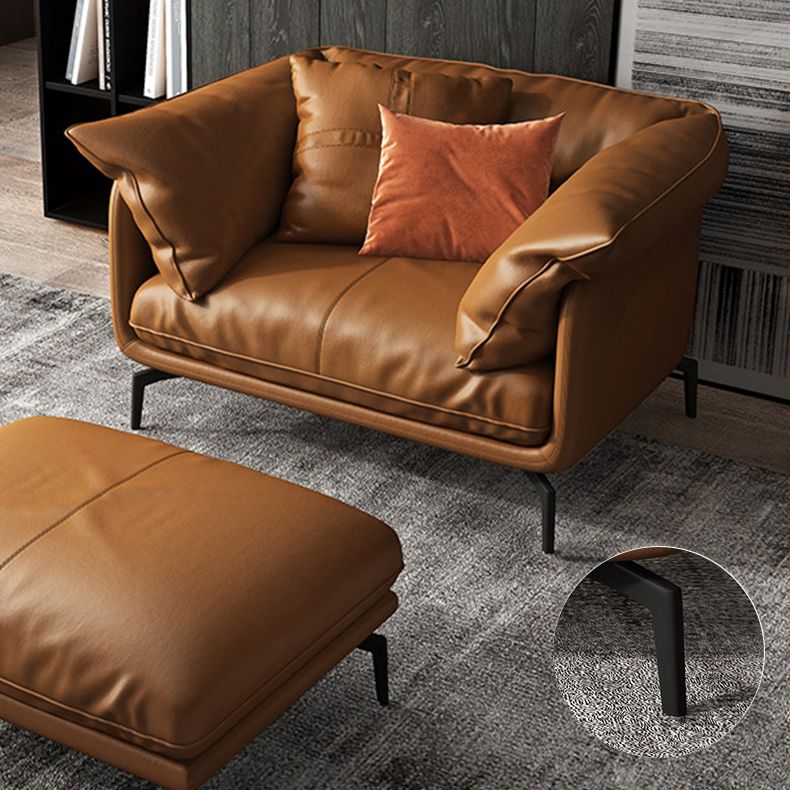 Modern Pillow Back Sofa Orange Genuine Leather Tuxedo Arm Sofa