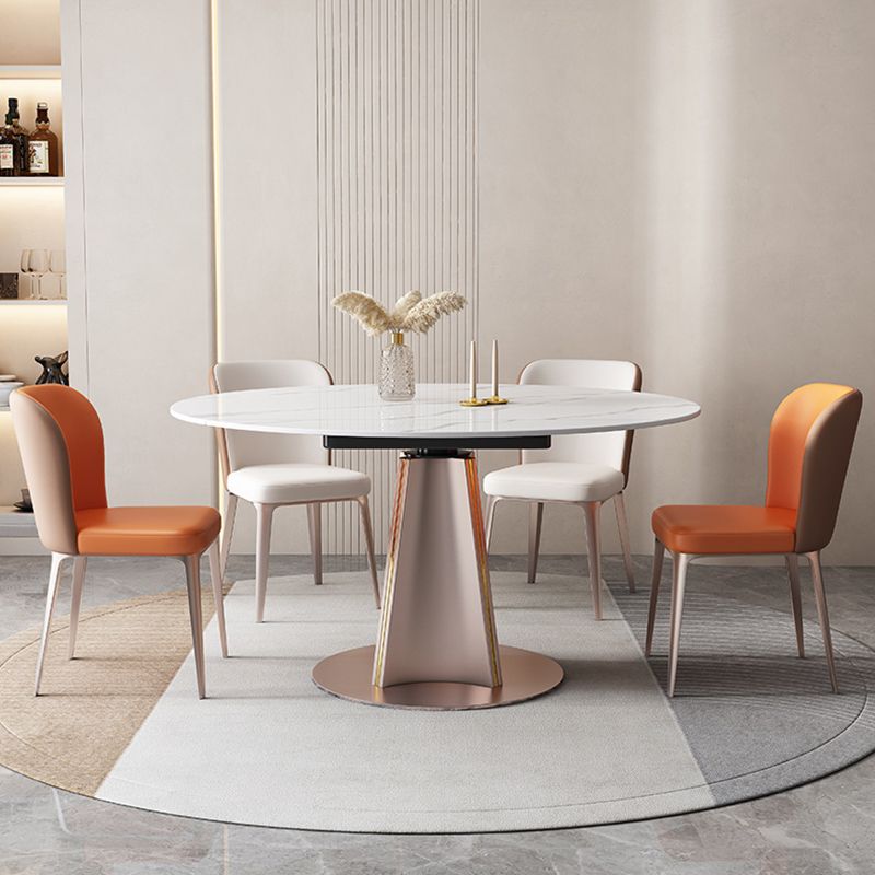 Modern White Round Extendable Dining Table with Metal Pedestal Base Clearhalo 'Dining Tables & Seating' 'Dining Tables' 'dining_table' 'furn' 'furn_dining_table' 'Furniture' 'Kitchen & Dining Furniture' 1200x1200_7c4fe3f8-c0ec-482f-bfd2-d8b04c2ad982