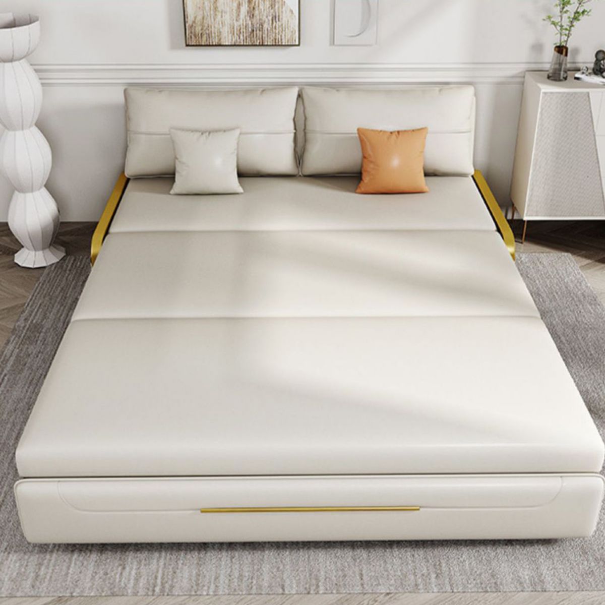 Faux leather Sleeper Sofa Creamy-white Sofa Bed with Upholstered, 31.49" Wide