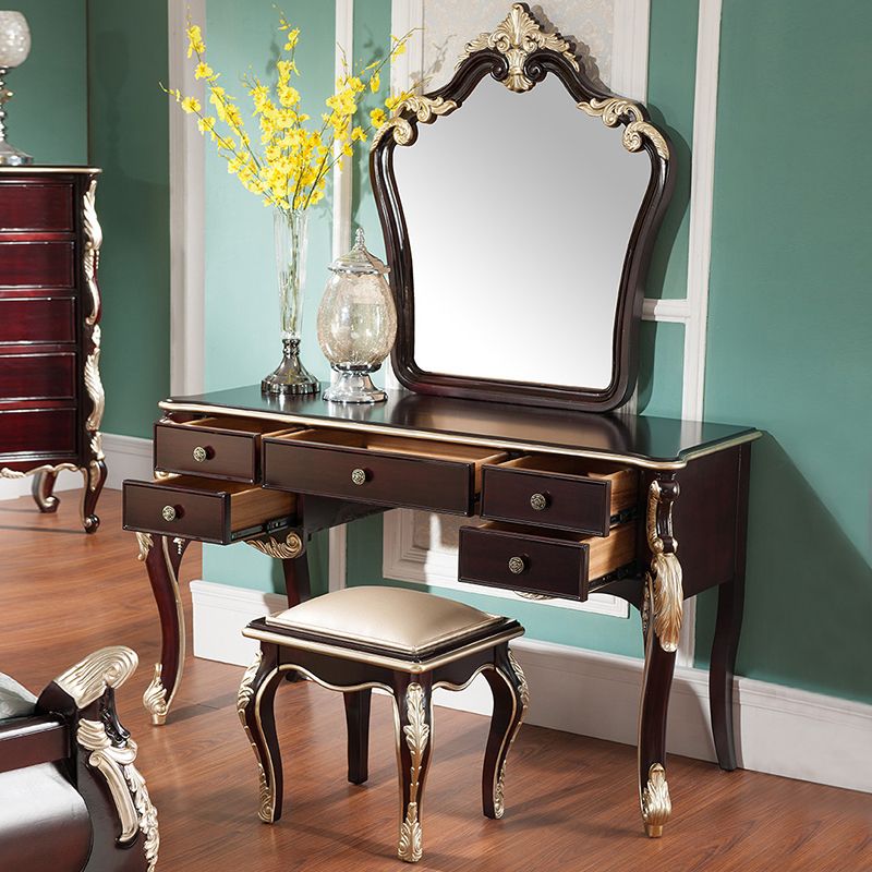 Contatore di trucco marrone con specchio da 19,68 "tavoli da vanità in legno largo con 5 cassetti