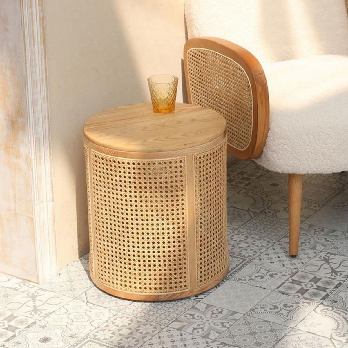 17.7" Tall Solid Wood Round Top Side Table Drum Base End Table with Storage