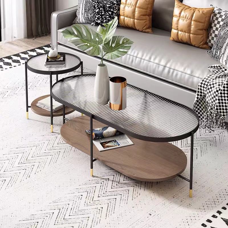 Modern Oval / Round Glass Coffee Table Iron 4 Legs Cocktail Table with Shelf