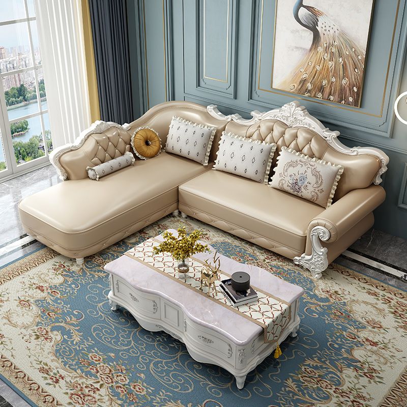 Tufted Scroll Arm Chesterfield Sofa and Chaise Genuine Leather Sofa with Pillows Clearhalo 'furn' 'furn_sectionals' 'Furniture' 'Living Room Furniture' 'Sectionals' 1200x1200_7ca5ff49-6a99-4360-b670-551a33777719