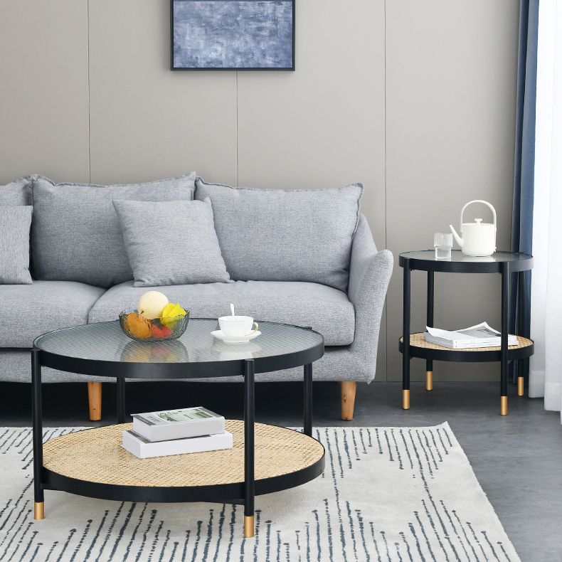Table basse moderne en verre transparent avec rangement, ensemble de Table à cocktail ronde à 4 pieds