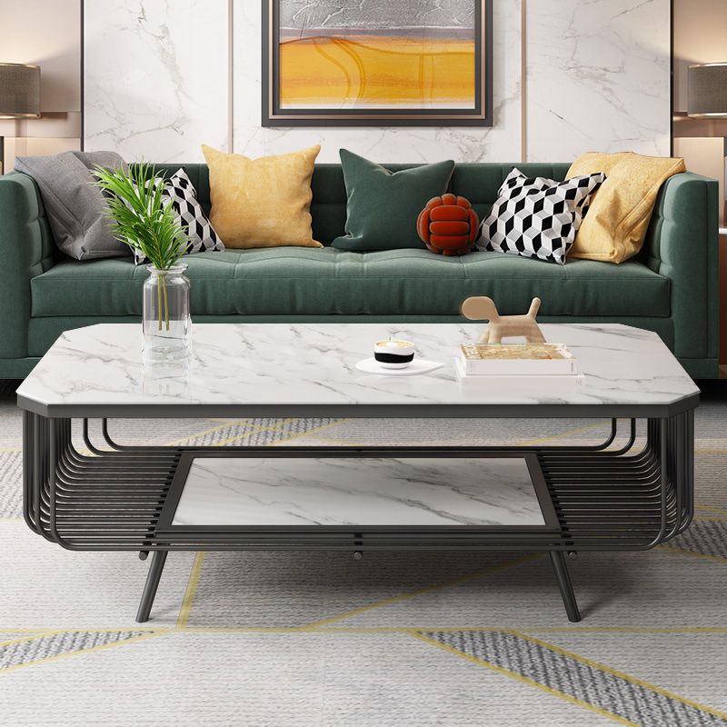 17.7" H Glam Rectangle Slate Coffee Table Iron 4 Legs Cocktail Table with Shelf Clearhalo 'Coffee & Accent Tables' 'Coffee Tables' 'coffee_tables' 'furn' 'furn_coffee_tables' 'Furniture' 'Living Room Furniture' 1200x1200_7cbe13ca-06d4-4845-a11f-c79fdb010198