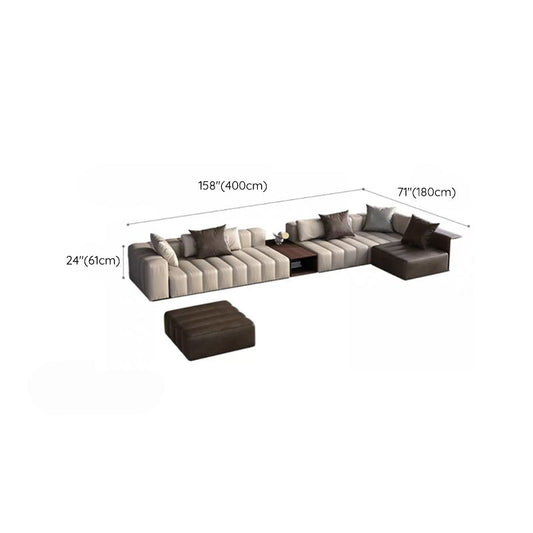 Genuine Leather Sofa with Pillows 24" H Square Arm Sofa in Beige and Brown Clearhalo 'furn' 'furn_sectionals' 'Furniture' 'Living Room Furniture' 'Sectionals' 1200x1200_7cbe74a0-ff63-48e0-b4e3-95960cda1603