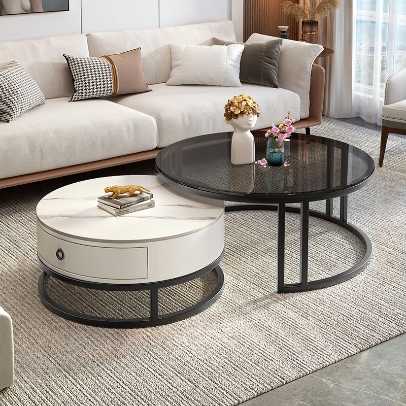 Round Nesting Coffee Table Set Frame Glass Coffee Table with Drawer Clearhalo 'Coffee & Accent Tables' 'Coffee Tables' 'coffee_tables' 'furn' 'furn_coffee_tables' 'Furniture' 'Living Room Furniture' 1200x1200_7cc95f4e-d8f1-4868-b4b7-8c15eabd85ac