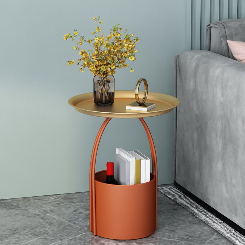 ミッドセンチュリーラウンドトレイトップサイドテーブル保管付きの鉄の台座エンドテーブル