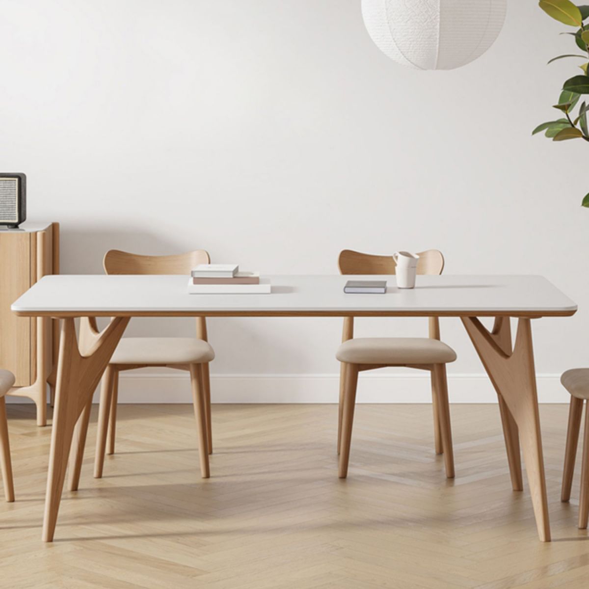 Modern Rectangular White Stone Top Dining Table with 4 Ash Legs