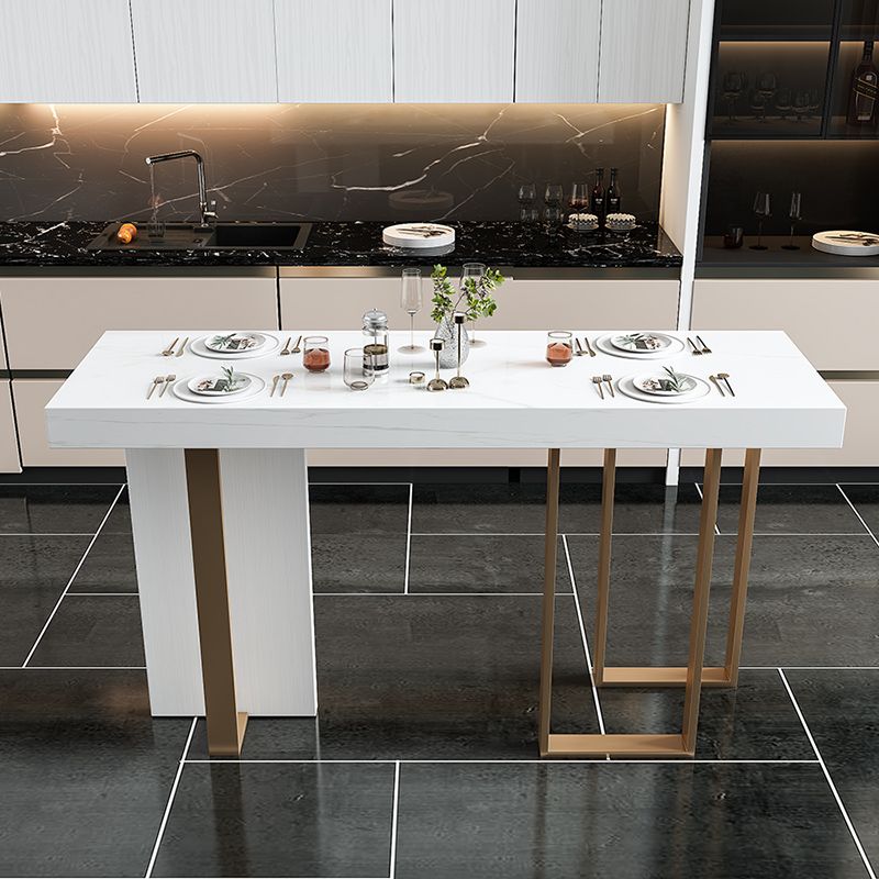 Glam Style Bar Table Rectangle Faux Marble Bar Dining Table with Double Pedestal