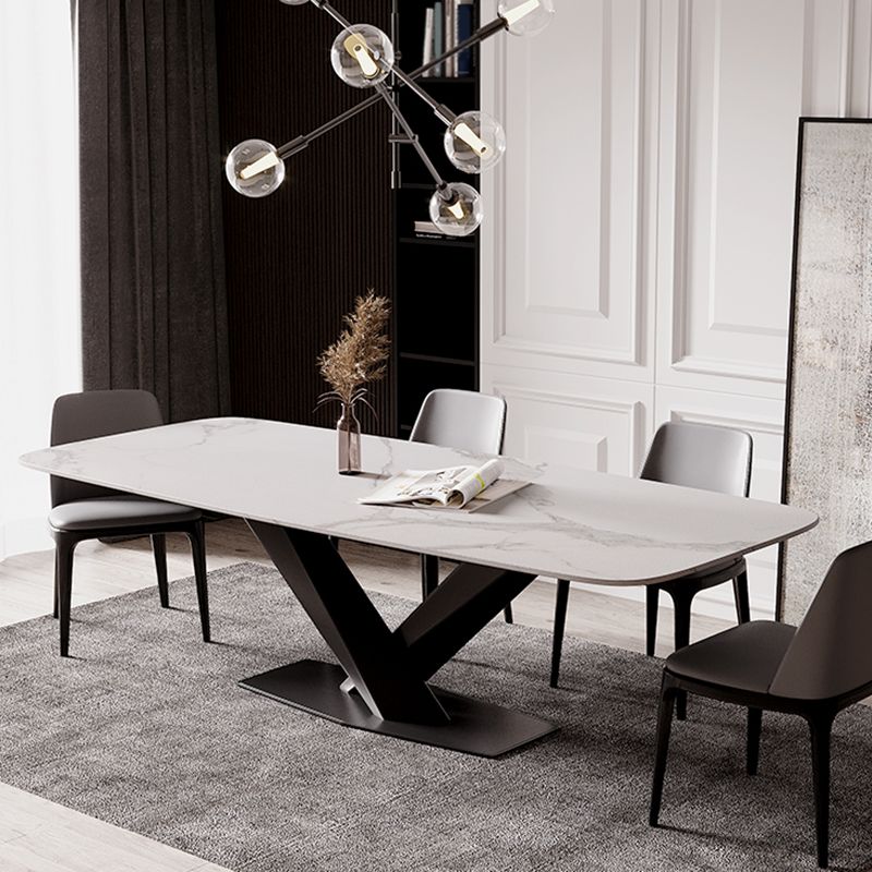 Modern Stone Top White Rectangular Dining Table with Black X-Base Clearhalo 'Dining Tables & Seating' 'Dining Tables' 'dining_table' 'furn' 'furn_dining_table' 'Furniture' 'Kitchen & Dining Furniture' 1200x1200_7d207da6-09ce-4d37-9437-c2d428247780