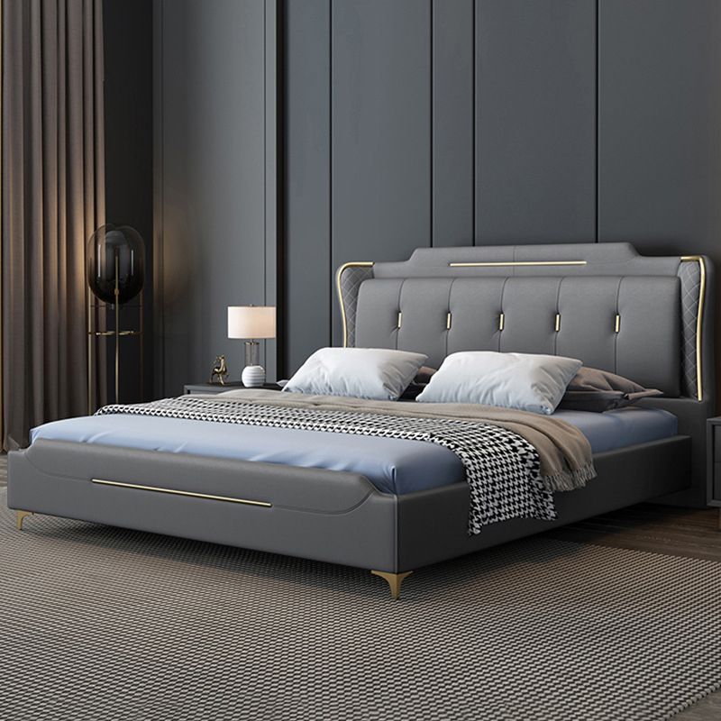 Cama de panel glamoroso de cuero sintético con cabecera tapizada de madera