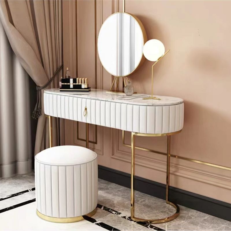 1-Drawer Makeup Vanity Table with Mirror & Stool Luxurious Stone/Leather Dresser Clearhalo 'Bedroom Furniture' 'furn' 'furn_makeup_vanities' 'Furniture' 'Makeup Vanities' 'makeup_vanities' 1200x1200_7d4f019d-6097-4d90-941c-a279097852d9
