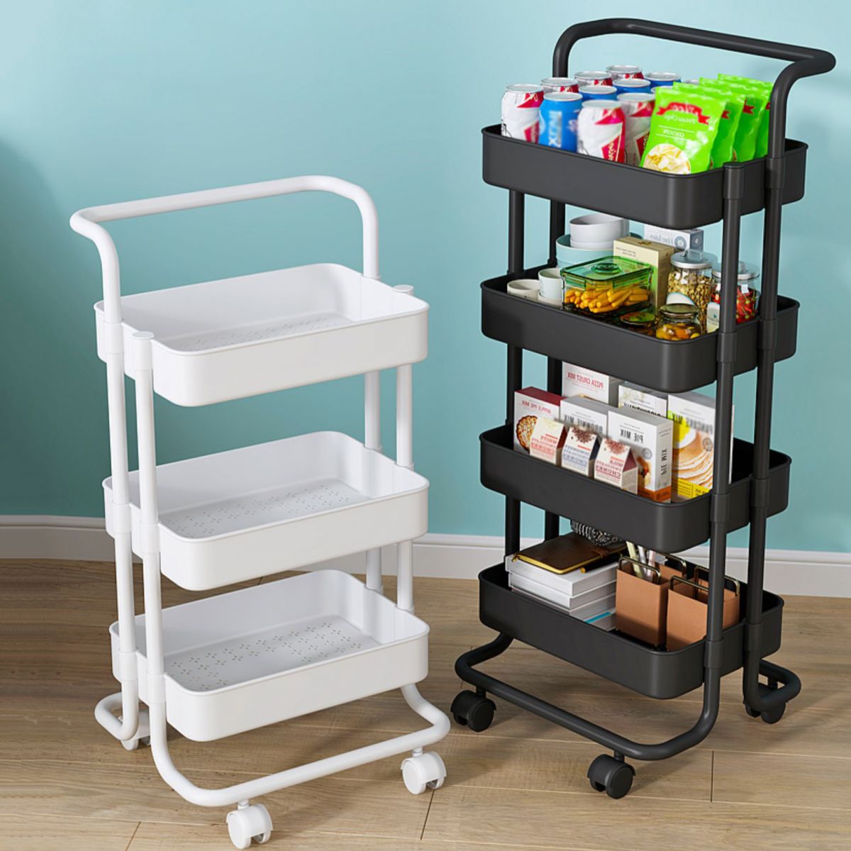 Metalen frame open etagere boekenplank moderne verticale boekenkast met caster wielen