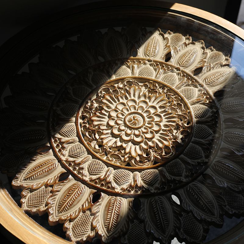 Dia 19.7" Cross Legs End Table Distressed Wood Side Table with Engraved Design Clearhalo 'Coffee & Accent Tables' 'End & Side Tables' 'end_side_tables' 'furn' 'furn_end_side_tables' 'Furniture' 'Living Room Furniture' 1200x1200_7d6c7ba3-b903-4bf4-8e0e-5fcd4102e942