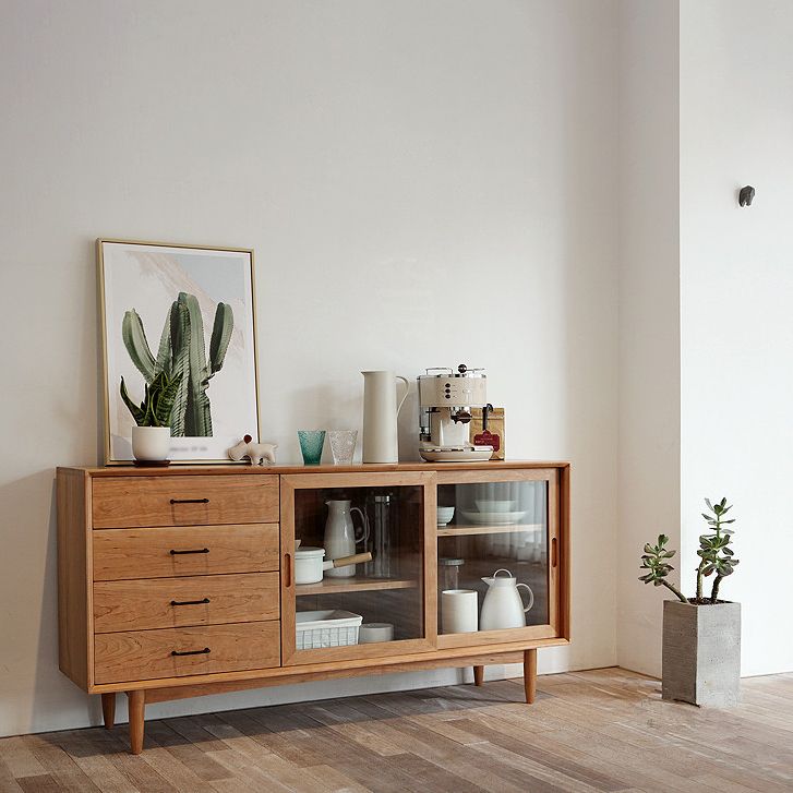 4-Drawer Pine Wood Credenza Modern Glass Sliding Door Cabinets Sideboard for Living Room Clearhalo 'buffet_sideboard' 'Buffets & Sideboards' 'furn' 'furn_buffet_sideboard' 'Furniture' 'furniture_buffet_sideboard' 'Kitchen & Dining Furniture' 1200x1200_7d8083d4-e048-446e-849f-a9abaa7edba8