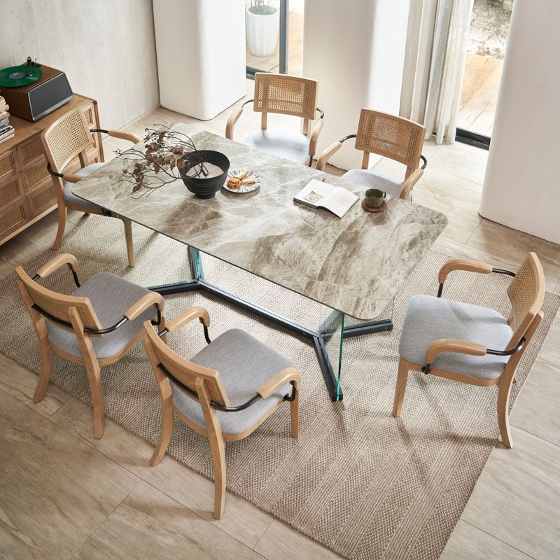 Modern Dining Set 1/7 Pcs Glass Base Dining Table with Solid Wood Arm Chairs