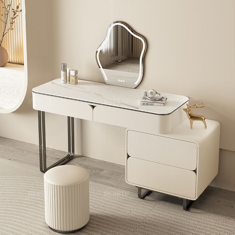 Contemporary Beige Makeup Vanity Desk with Drawers and Wooden Top