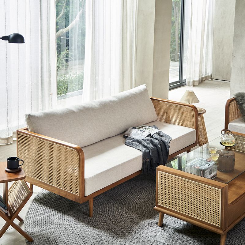 25,59 "hoher Leinensofa weißer Smoking -Arm -Sofa mit losen Rücken in festem Holz