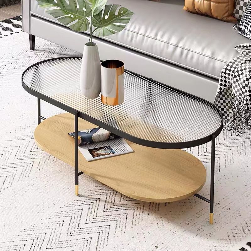 Modern Oval / Round Glass Coffee Table Iron 4 Legs Cocktail Table with Shelf