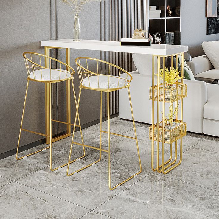 White Top Bar Table with Storage Base Glam Pub Table with Gold Metal Frame Clearhalo 'Bar Furniture' 'Bar Tables' 'bar_tables' 'furn' 'furn_bar_tables' 'Furniture' 'Kitchen & Dining Furniture' 1200x1200_7daf355f-217b-46e5-816e-6df1c1736cc5