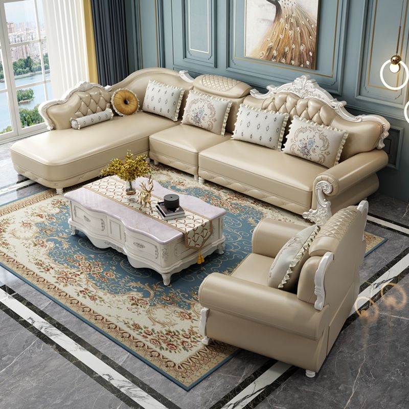 Tufted Scroll Arm Chesterfield Sofa and Chaise Genuine Leather Sofa with Pillows Clearhalo 'furn' 'furn_sectionals' 'Furniture' 'Living Room Furniture' 'Sectionals' 1200x1200_7dc33628-4e67-492e-aa7e-bb3ed7fc4f4d