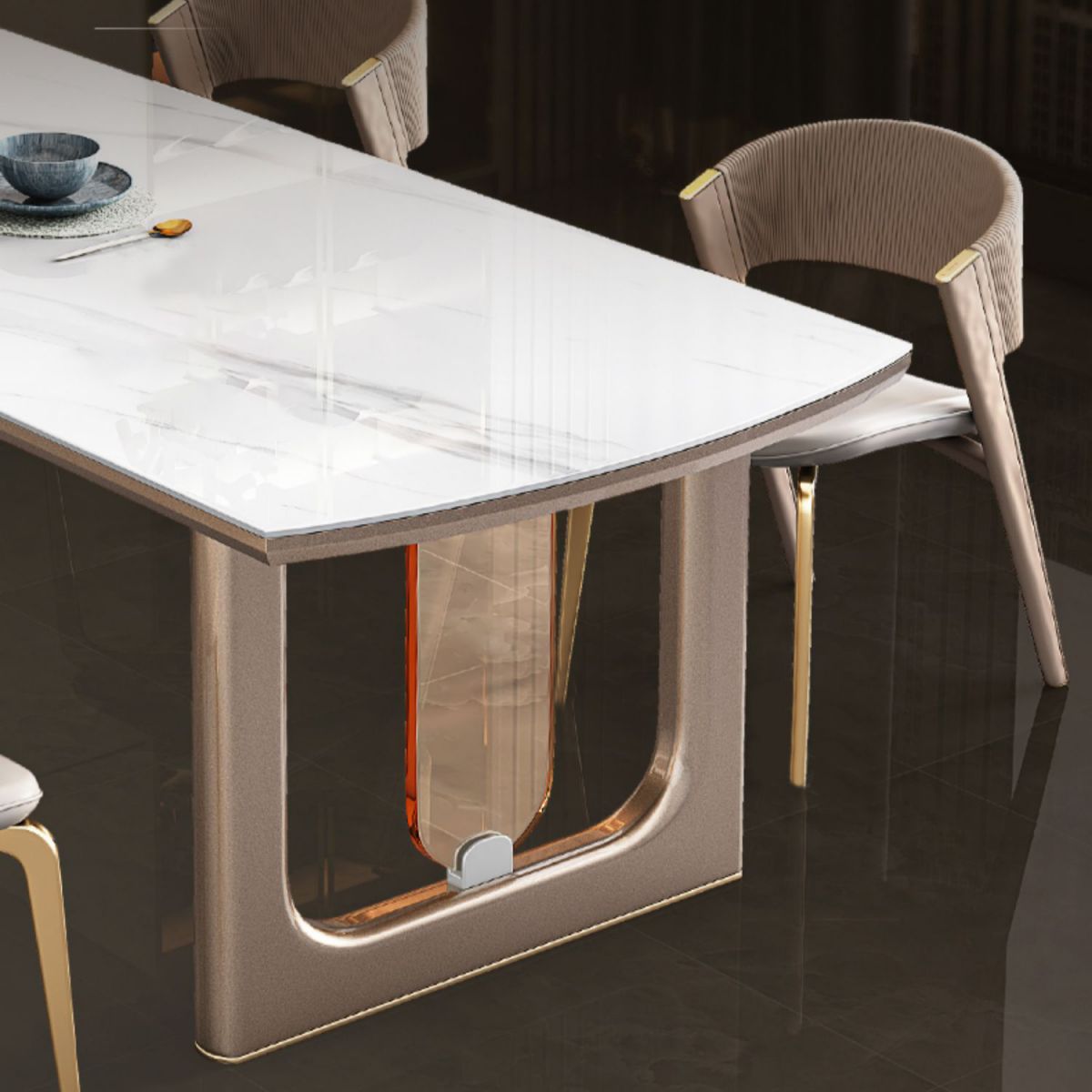 Hochglänzender weißer Stein -Esstisch Set für das Haus 02.01.5.