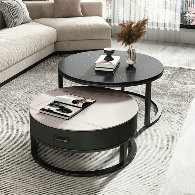 Round Slate Top Coffee Table Set Frame Cocktail Table with Storage Drawers Clearhalo 'Coffee & Accent Tables' 'Coffee Tables' 'coffee_tables' 'furn' 'furn_coffee_tables' 'Furniture' 'Living Room Furniture' 1200x1200_7e00585e-f64c-45a2-b30b-9126c0ac5b1f