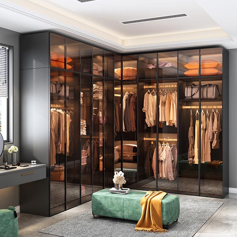 Brown Cabinet with Glass Doors Modern Hinged Door Wardrobe for Home