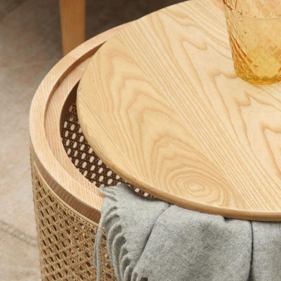 17.7" Tall Solid Wood Round Top Side Table Drum Base End Table with Storage