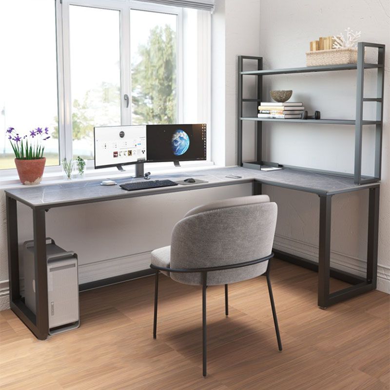 Escritorio de escritura de piedra gris contemporánea Desk de oficina de lanar en trineo L para hogar