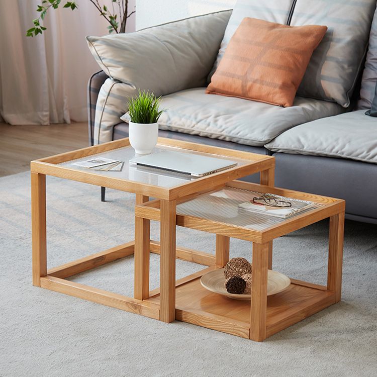 Tavolino da caffè moderno con piano in vetro Tavolo da cocktail quadrato in legno naturale