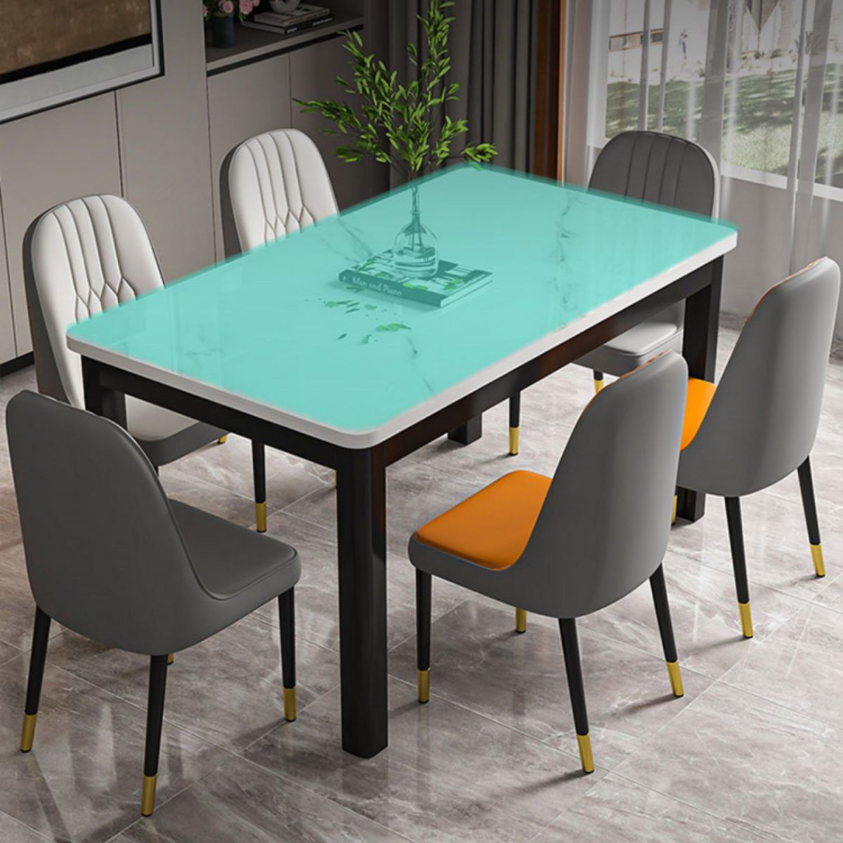 Moderner rechteckiger Glas Top Esstisch mit weiß und schwarz 4 Fuß