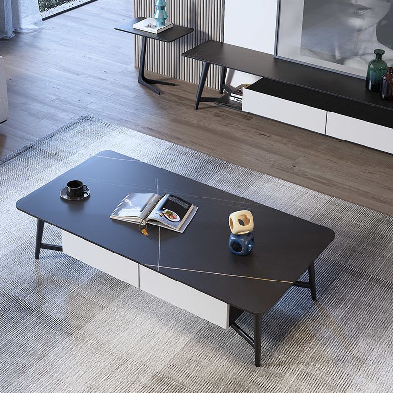 Modern Style Rock Slate Black Gold/white Gold/White Black with 2 Drawer Coffee Table