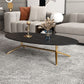 Mesa de centro estilo Glam con tapa de piedra ovalada y base de caballete de acero
