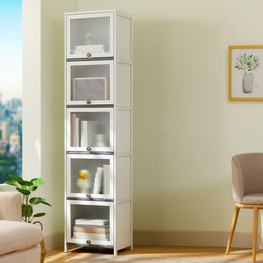 Contemporary Bamboo Accent Cabinet in White 12.6" D Chest with Glass Paned Clearhalo 'Cabinets & Chests' 'cabinets_chests' 'furn' 'furn_cabinets_chests' 'Furniture' 'Living Room Furniture' 1200x1200_7ebd019f-4d1a-4ac8-a57a-8afc4f59b045