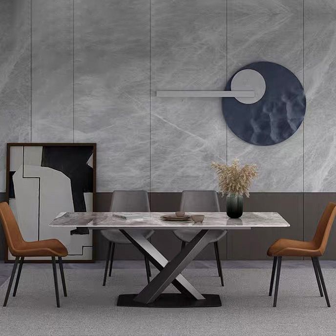 Rectangle Traditional Luxury Dining Table Grey Sintered Stone Table with Black Metal Pedestal Base Clearhalo ' dining_table' 'Dining Tables & Seating' 'Dining Tables' 'furn' 'furn_dining_table' 'Furniture' 'furniture_dining_table' 'Kitchen & Dining Furniture' 'kitchen&dining_furn' 'kitchen' 'kitchen_dining_table' 1200x1200_7ebed92d-b6f1-40fe-b2bd-d97c308c8b63