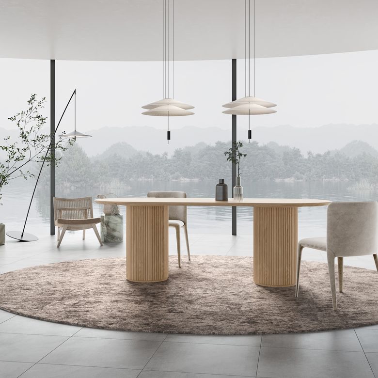 Natürlicher ovaler Esstisch aus massivem Kiefernholz, moderner Tisch mit Doppelsäule