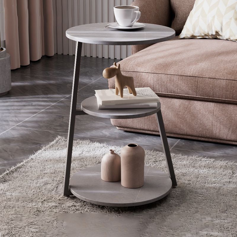 Glam Metal Side Table with Shelves Round Stone Top Accent Side Table
