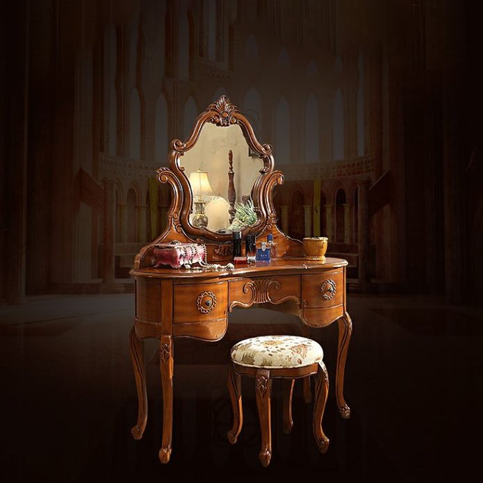 Traditional Solid Wood Brown Bedroom Mirror With Drawer Makeup Vanity Set