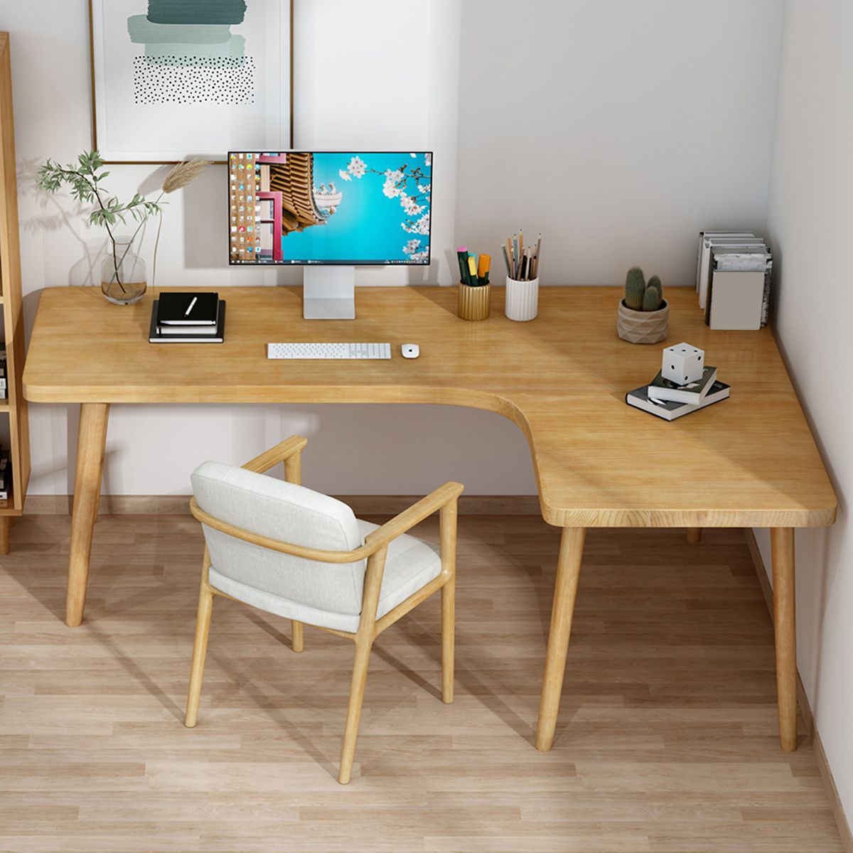 Table d'écriture en L de style moderne Bureau de travail en bois massif en bois massif