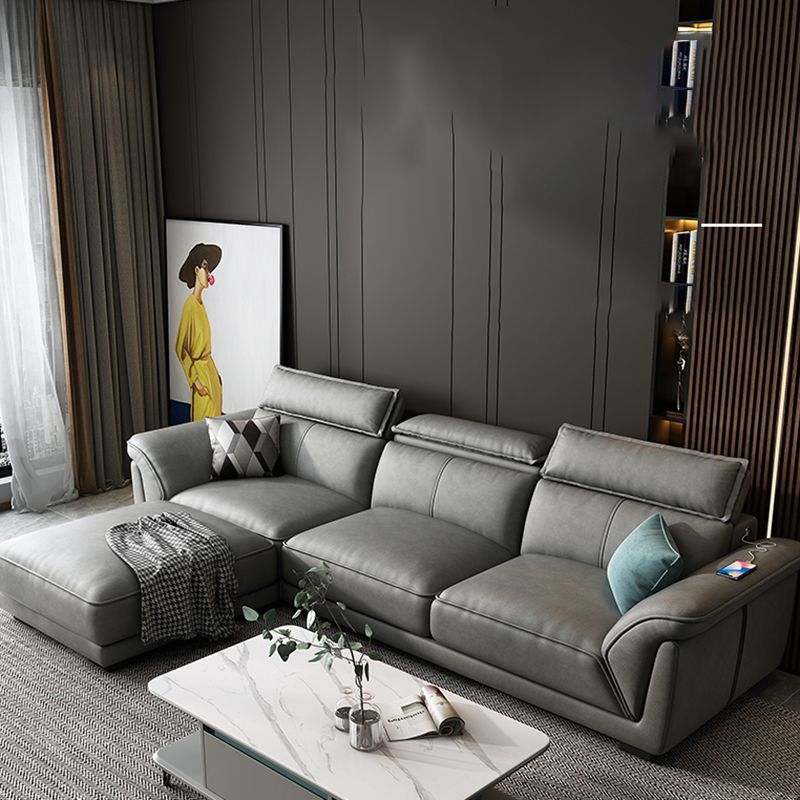 Sofá de cuero sintético gris y chaise moderna bizcho