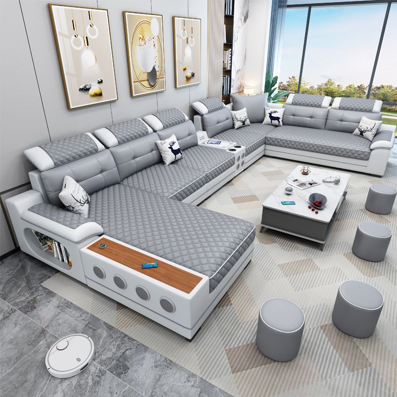 Sofá seccional de cuero de campo sintético francés con brazos de almohada