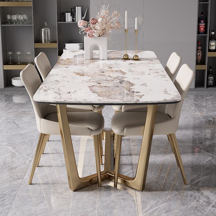 Modern Style Sintered Stone Dining Room Set with White Rectangle Shape Table and Gold Trestle Base Clearhalo 'Dining Room Sets' 'Dining Tables & Seating' 'dining_room_set' 'furn' 'furn_dining_room_set' 'Furniture' 'furniture_dining_room_set' 'Kitchen & Dining Furniture' 'kitchen&dining_furn' 'kitchen' 1200x1200_7f32e075-efc7-4395-aeb9-925e3b3c8e7b