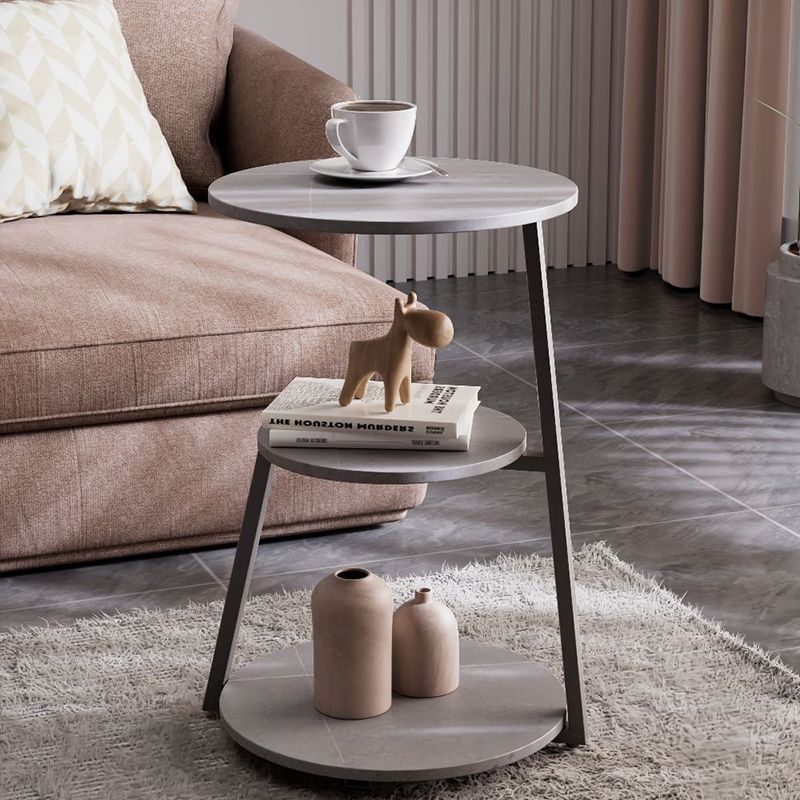 Glam Metal Side Table with Shelves Round Stone Top Accent Side Table