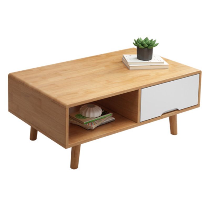 Tavolino scandinavo in legno di gomma con 4 gambe e cassetto