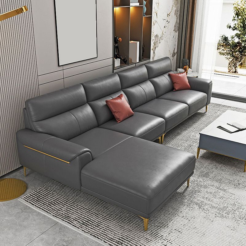 Dark Gray Genuine Leather Sofa and Chaise Pillow Top Arm Sectional for Living Room Clearhalo 'furn' 'furn_sectionals' 'Furniture' 'furniture_sectionals' 'Living Room Furniture' 'Sectionals' 1200x1200_7f63ebb6-ffad-423e-8f96-b6f0ab03efe3